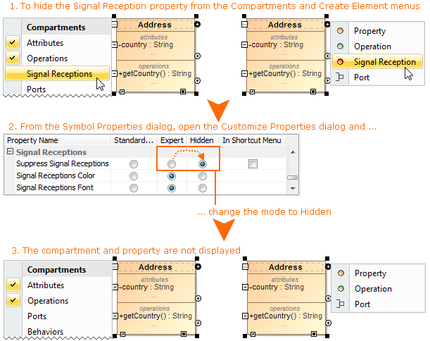 Example of customizing list of properties in Compartments and Create Element menus