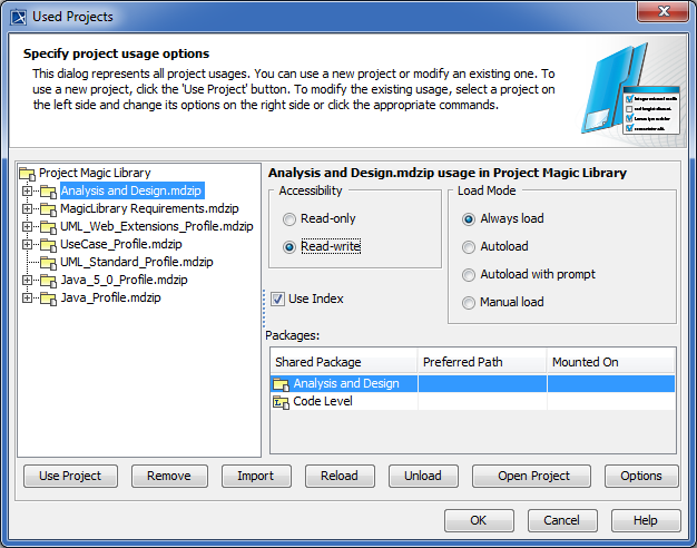 Used Projects dialog