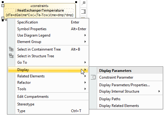 The Display command group menu allows to display Constraint Parameters of the selected Constraint Property shape.