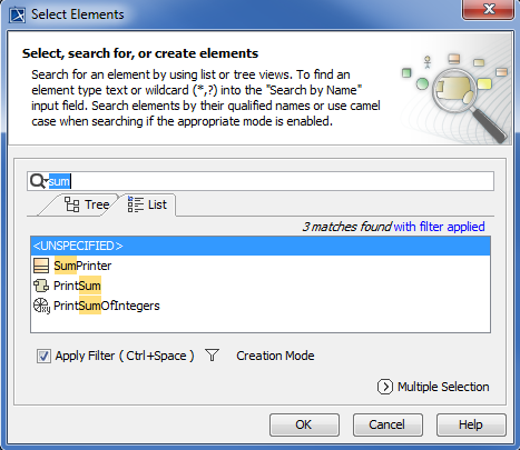 The Select Elements Dialog of the Selected Classifier
