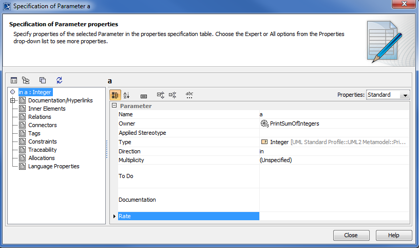 Specification Dialog of Parameter a