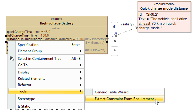 Creating the constraint directly from value property by using the Extract Constraint From Requirement command.