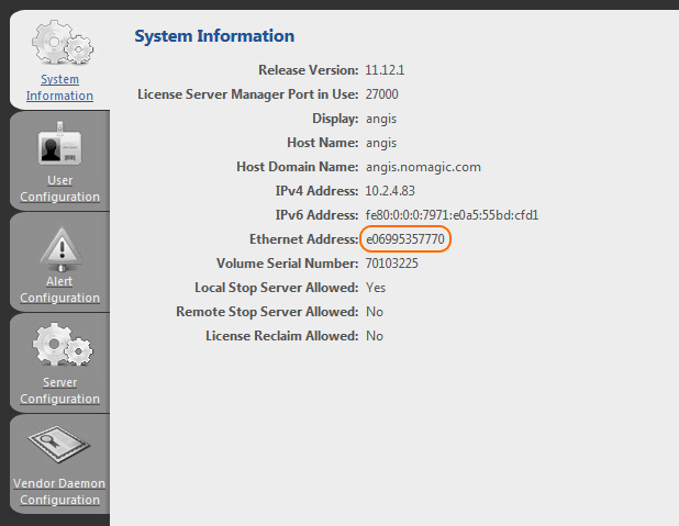 Ethernet Address of the machine on which the FlexNet server is installed