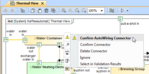 Confirming newly created Connector after Autowiring function when the Highlight new connection check box was selected in the Messages window.