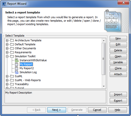 Selecting Text Template to Generate Report Output