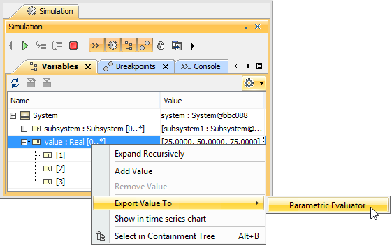 The Context Menu to Export the Runtime Value to the Parametric Evaluator