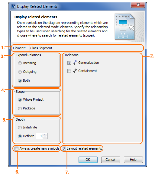 The seven areas in the Display Related Elements dialog.