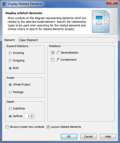 The Display Related Elements dialog of the Shipment Class.