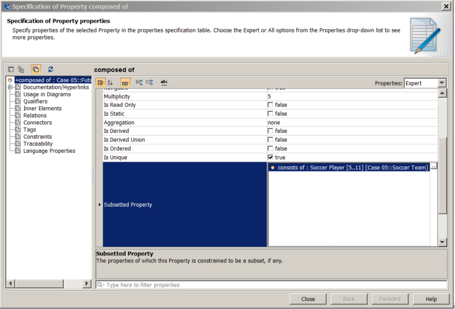 Property specification dialog