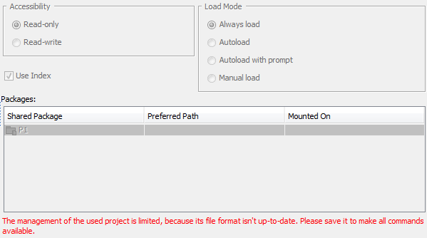 Used Projects dialog showing options of non-converted project usage in converted project