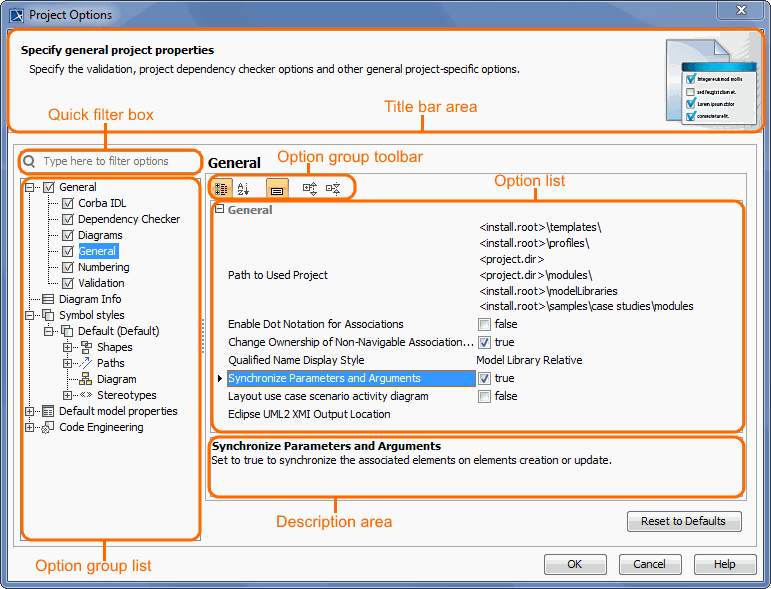 Structure of Project Options dialog