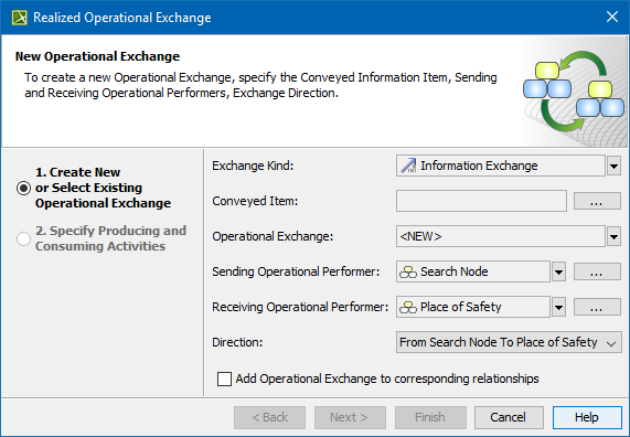 Creating new or selecting Operational Exchange in Realized Operational Exchange wizard